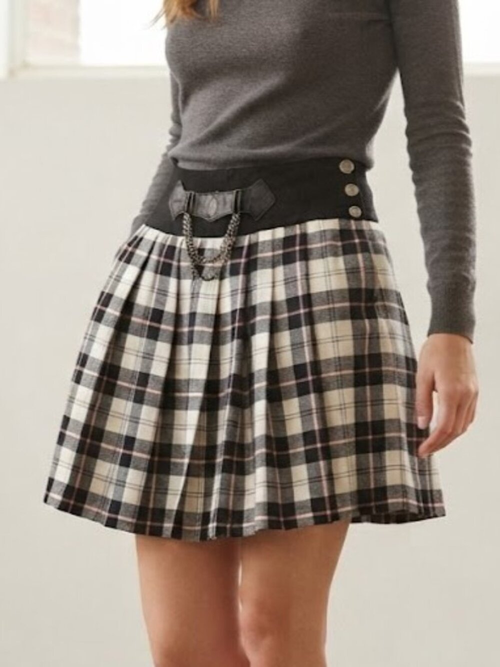 Byblos Wool Plaid Circle Skirt with Chain & Button Detail